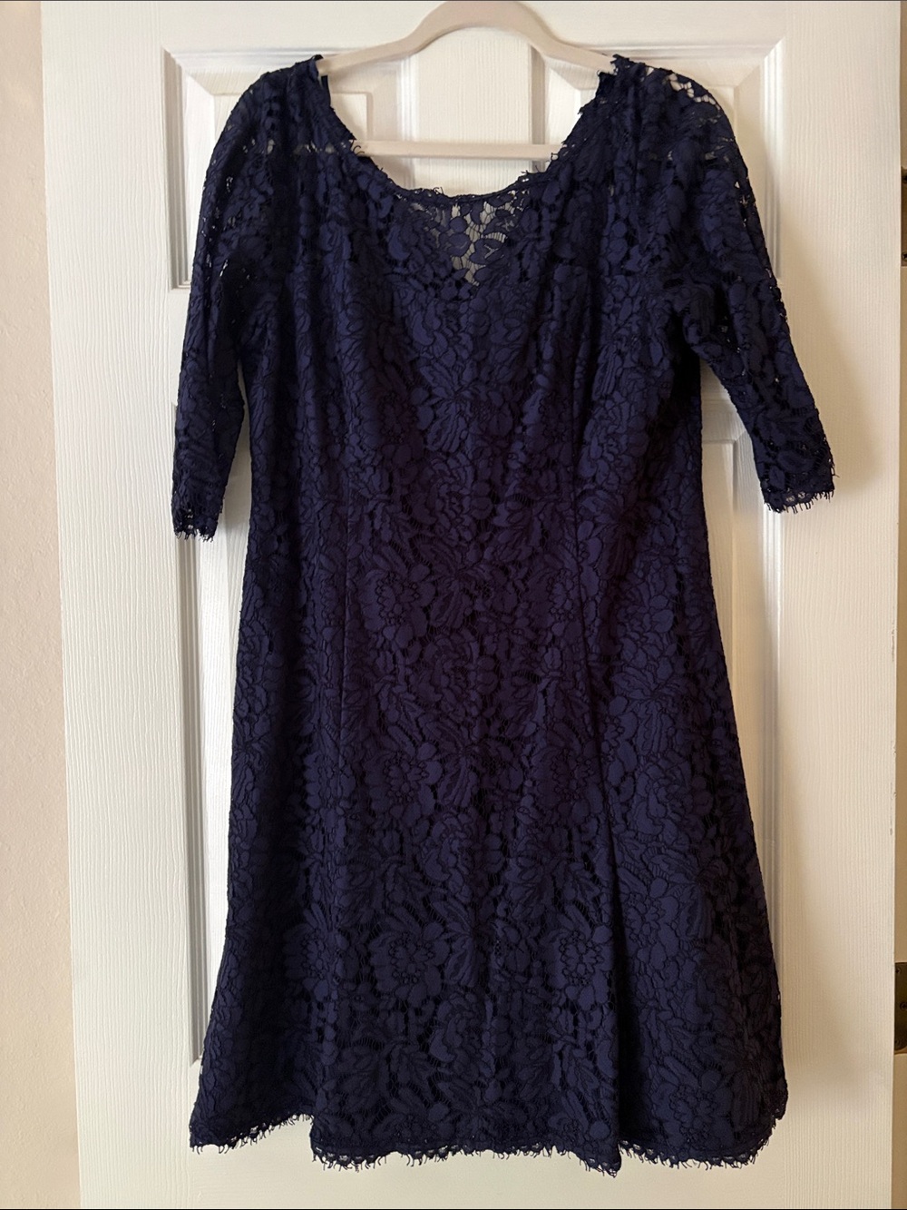 Eliza J Navy Floral Lace Midi Dress with Scoop Neck and Elbow Sleeves